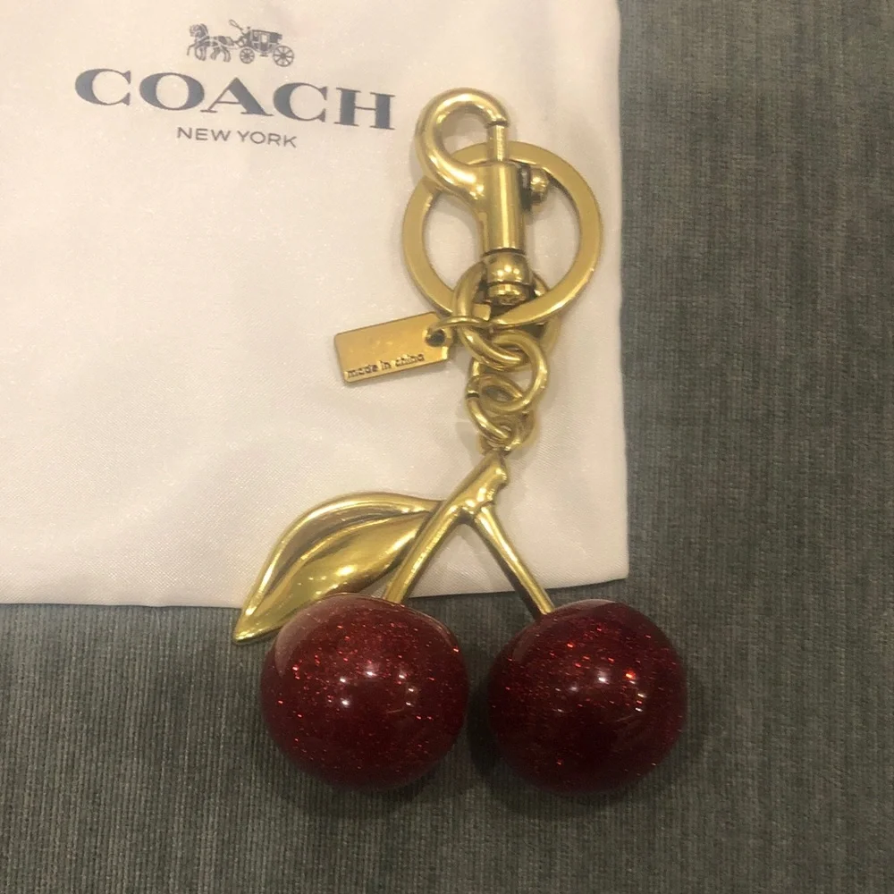 Coach Gold Cherry Charm Keychain with Red Glitter Cherries - Picture 3 of 3